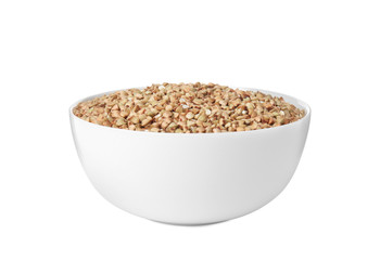 Organic green buckwheat in bowl isolated on white