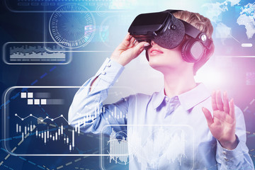 Woman in VR glasses, infographics interface