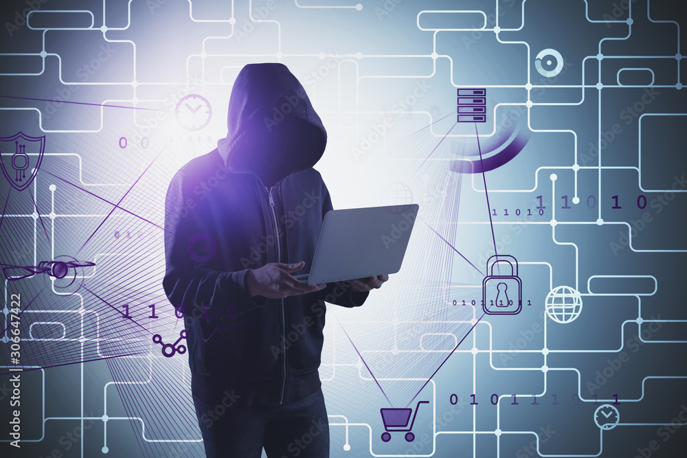 Poster hacker with laptop, network interface and icons