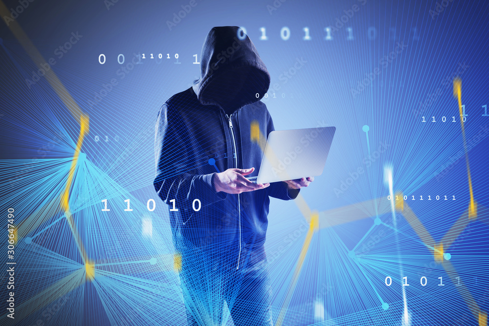 Poster hacker with laptop, network interface