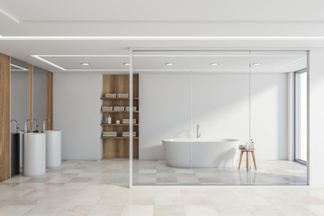 White and wooden bathroom, tub and double sink