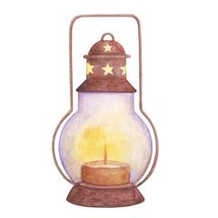 
Vintage watercolor Lantern. Candle, light, decor, lamp,. Object for decoration, comfort. Could be used for prints, t-shirts, cards, books, flyers, magazines
