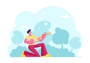 Romantic Dating Concept. Man Standing on One Knee Playing Guitar Performing Loving Song to Girlfriend or Singing Serenade Outdoors. Love and Romance Relationships. Cartoon Flat Vector Illustration