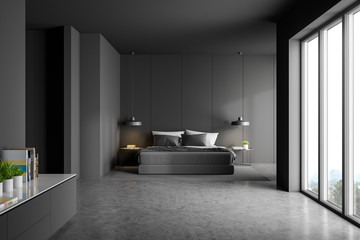 Gray master bedroom with bookshelf