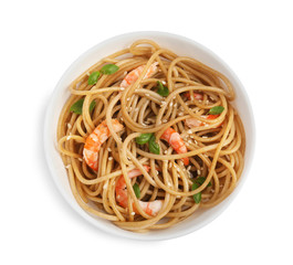 Tasty buckwheat noodles with shrimps isolated on white, top view