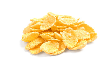 Pile of tasty corn flakes on white background