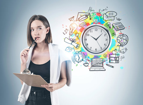 Thoughtful woman with clipboard, education sketch