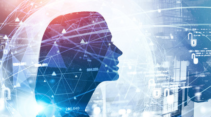 Woman in city, cyber security interface