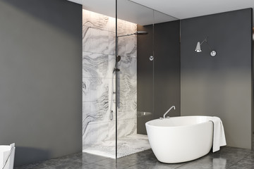 Grey and marble bathroom corner, shower and tub
