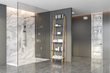 Grey and marble bathroom with shower stall - obrazy, fototapety, plakaty