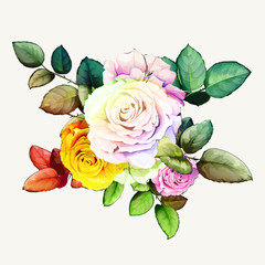 Naklejki  Bukiet kwiatów. Róże z gałęzią i liściem. Może być używany w celach projektowych. Ręcznie rysowane ilustracja na białym tle. Zdjęcie Seryjne - czas.