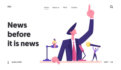 Candidate Speech Website Landing Page. Man in Suit Standing Behind of Podium with Microphones Speaking with Index Finger Pointing Up. Lecture Political Web Page Banner Cartoon Flat Vector Illustration