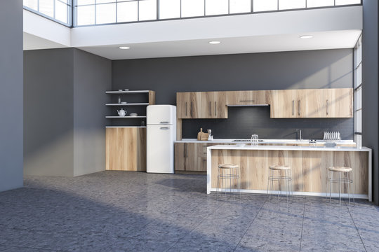 Stylish gray kitchen corner with wooden bar
