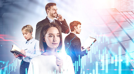 Diverse business people in city, forex chart