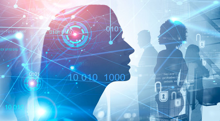 AI woman in city and business team