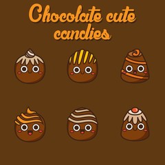 Chocolate cute candies, cute Character, Vector illustration of different shapes and kinds of chocolate candies. 