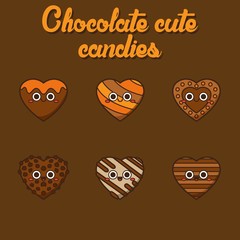Chocolate cute candies, cute Character, Vector illustration of different shapes and kinds of chocolate candies. 