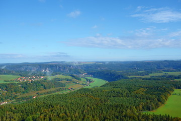 Bastei viewpoint on the Elbe river valley in Saxon Switzerland located in Germany on a sunny autumn day