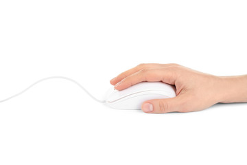 Woman using modern wired optical mouse isolated on white, closeup