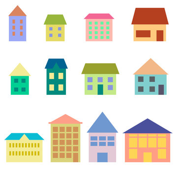 PrintSet of simple geometric houses on an isolated white background. Vector illustration in flat design.