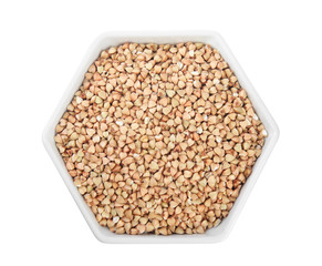 Fototapeta premium Green buckwheat in bowl isolated on white, top view