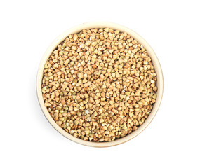 Green buckwheat in bowl isolated on white, top view