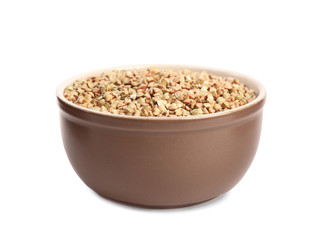 Green buckwheat in bowl isolated on white