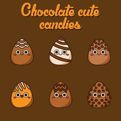 Chocolate cute candies, cute Character, Vector illustration of different shapes and kinds of chocolate candies. 