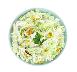 Fresh napa cabbage salad in plate isolated on white, top view