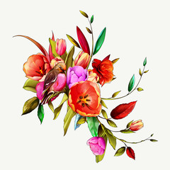 Vintage bouquet of tulip flowers with bird (red-breasted petroika) and leaves. Hand drawn. Vector stock.