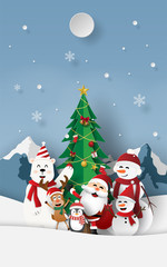 Paper art, Craft style of Christmas part with Santa Claus at snow mountain, Merry Christmas and Happy New Year