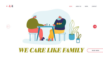 Retired People Leisure Website Landing Page. Relaxing Senior Men Playing Chess in Nursing Home. Pensioners Spend Time Together at Intellectual Game Web Page Banner. Cartoon Flat Vector Illustration
