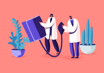 Doctors Man Woman Hold Huge Digital Device Tonometer for Measuring Patient Blood Pressure