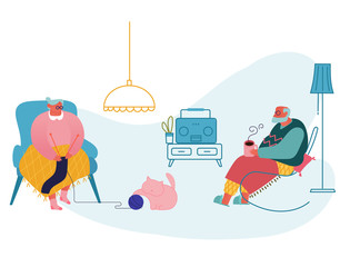 Senior Couple Relax Sitting in Living Room. Woman Knitting Clothing, Man Drinking Tea and Listen to Radio. Granny and Grandpa Spare Time at Home, Grandparents Leisure. Cartoon Flat Vector Illustration