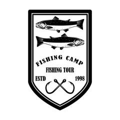 Great catch. Fishing club. Emblem template with salmon fish. Design element for logo, label, sign, poster. Vector illustration