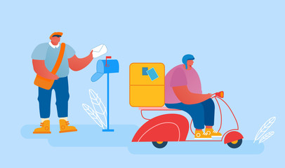Postmen Shipping Parcel and Mail on Foot and by Scooter. Courier Man Put Paper Envelop into Mail Box. Male Character Delivering Post on Moped. Express Delivery Service Cartoon Flat Vector Illustration