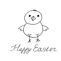 chicken and lettering happy easter hand drawn doodle in simple scandinavian style.