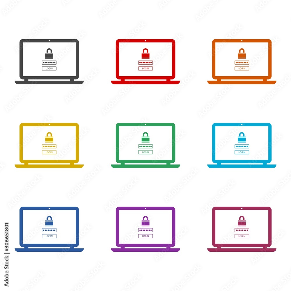 Poster laptop with lock or security service color icon set isolated on white background
