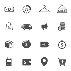 Shopping vector icons isolated on white background. Shopping commercial icons for web, mobile apps, ui design and print products