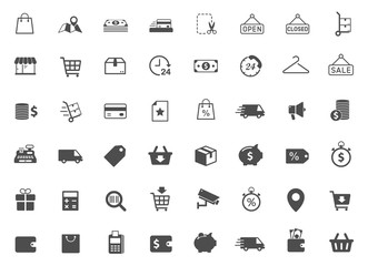 Shopping vector icons set isolated on white background. Shopping commercial business icons for web, mobile apps, ui design and print products