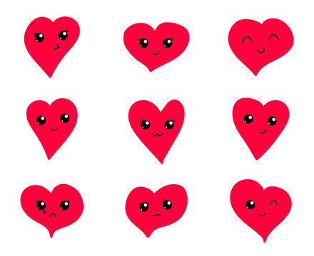 Kawaii hearts vector icons. Hand drawn kawaii red hearts with cute eyes vector illustrations for web, mobile app, ui design and printing. Valentine day icons. Love and relationships concept