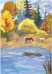 Autumn landscape with horses, illustration