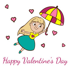  Doodle sketch girl flying on an umbrella with hearts. Simple flat illustration for valentines day 