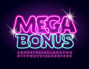 Vector Neon Sign Mega Bonus with glowing Font. Lighting electric Alphabet Letters and Numbers