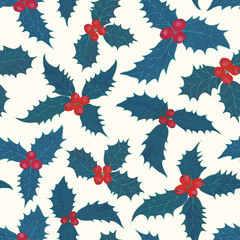 Fototapeta na wymiar Winter magic seamless pattern.Botanical illustration with holly. Blue and white background.