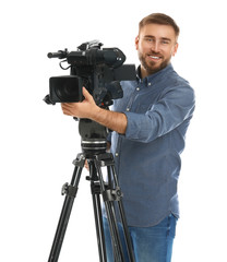 Operator with professional video camera on white background