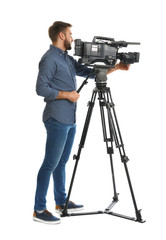 Operator with professional video camera on white background