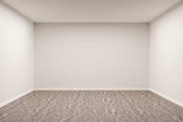 Empty white room with blank walls and brown hardwood floor - presentation or gallery architecture background element