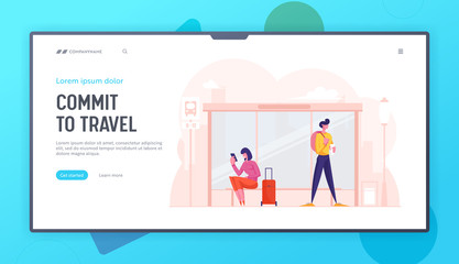 City Life, People on Public Transport Station Website Landing Page. Woman with Suitcase and Man with Backpack Stand on Bus Stop Waiting Commuter Web Page Banner. Cartoon Flat Vector Illustration