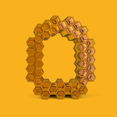 Number 0. Digital sign. Honey font on a yellow background. 3D